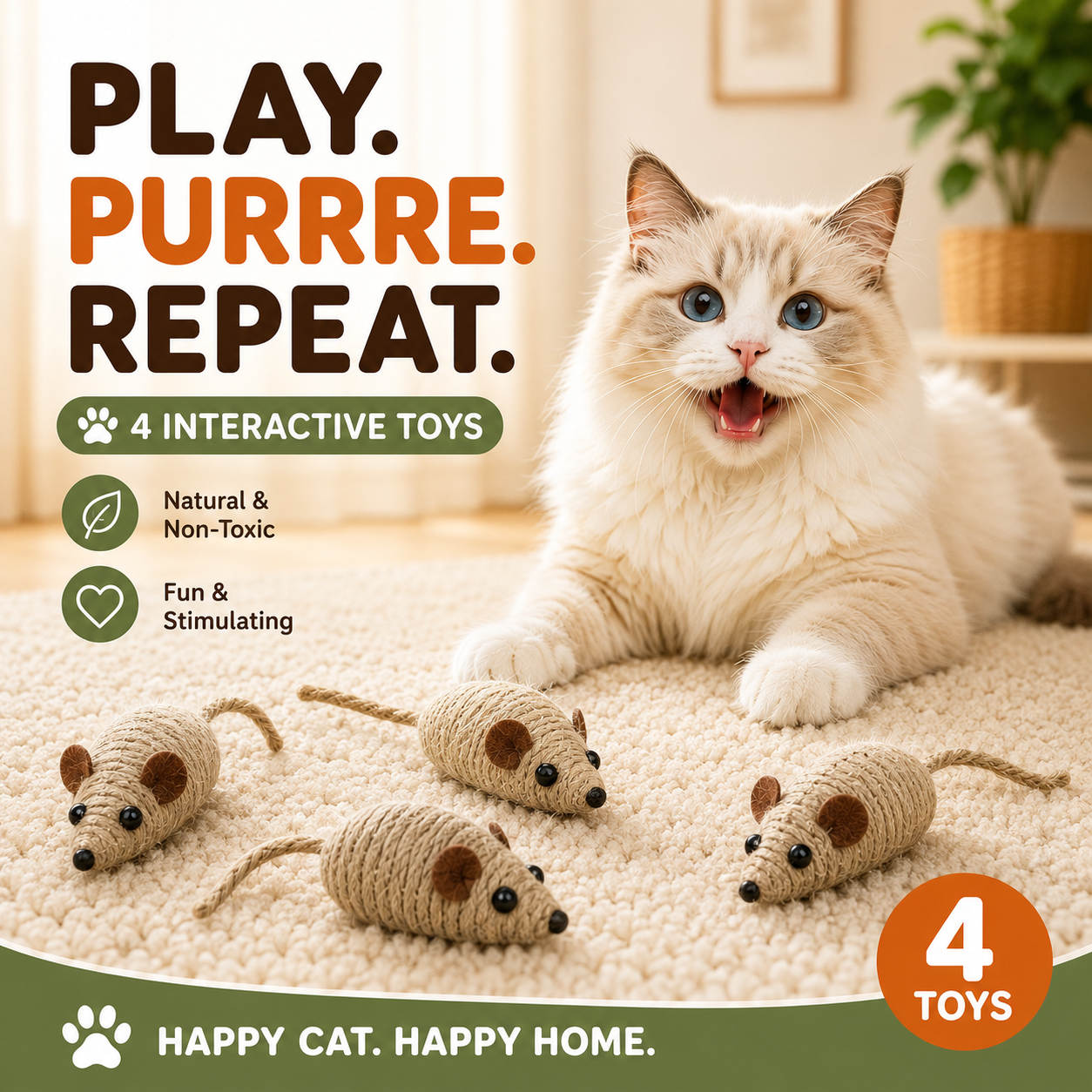 4 Piece Cat Mouse Toy Set Sisal and Plush Interactive Play Toy for Cats