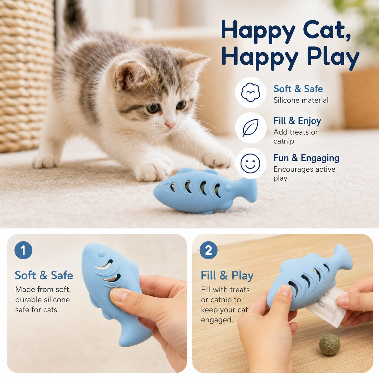 Blue Fish Treat Dispensing Silicone Interactive Food Toy for Cats