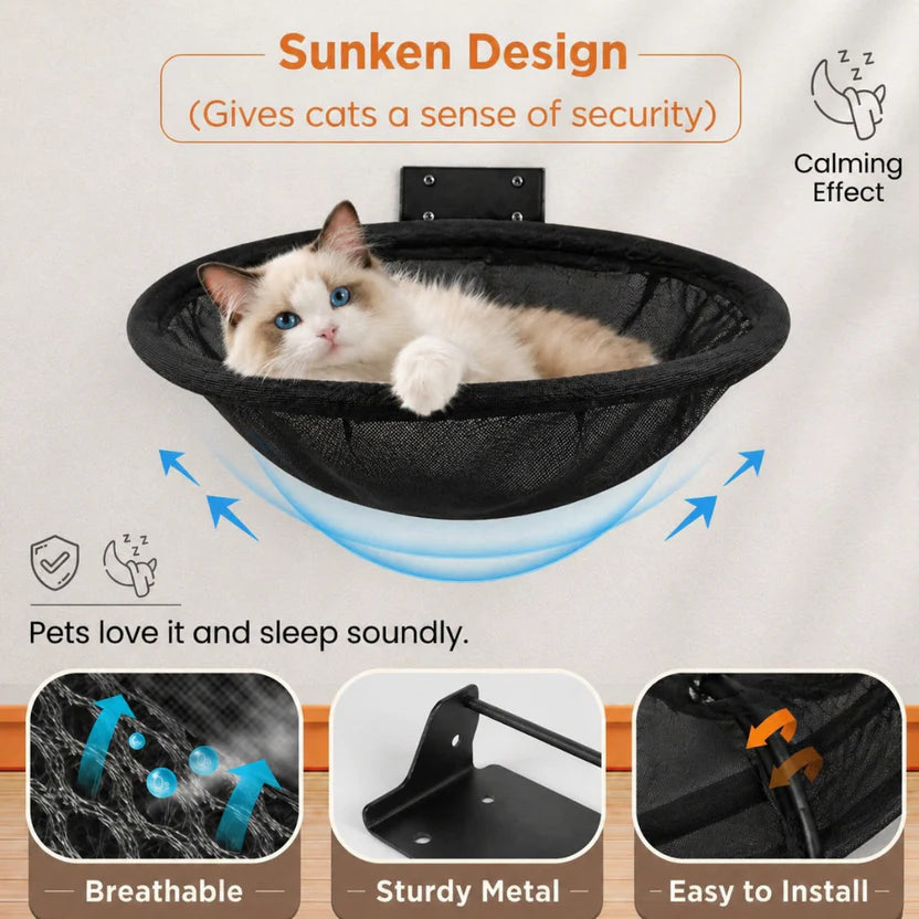 Wall Mounted Cat Hammock Perch Foldable Indoor Metal Frame Shelf - Black