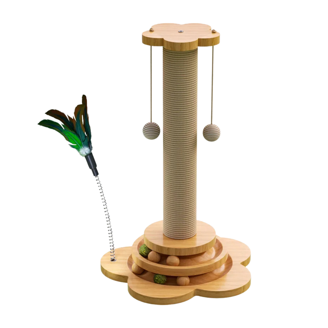 Wooden Cat Scratching Turntable Toy with Interactive Teaser Stick for Indoor Cats