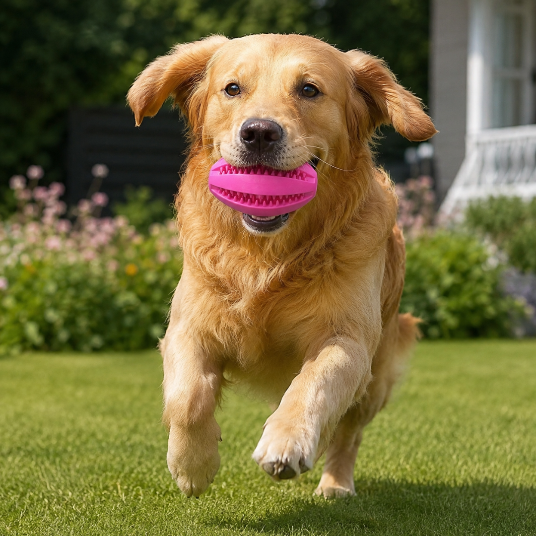 Interactive Natural Rubber Snack Ball Dog Chew Toy with Treat Holder and Bouncy Design - Pink