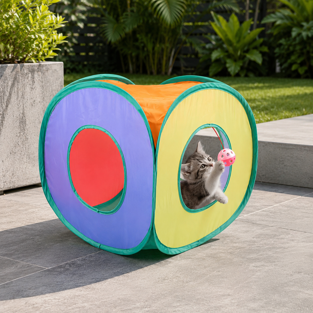Multi-Entry Collapsible Cat Tunnel Toy with Hanging Ball and Foldable Design