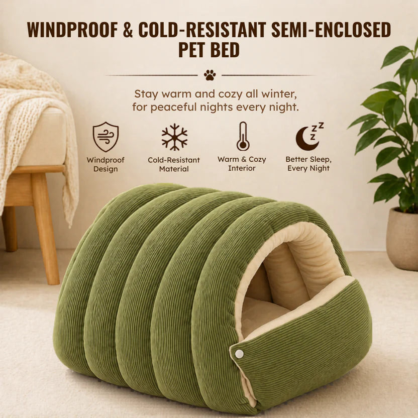 Enclosed Pet Bed Plush Cat Nest Soft Cushion House for Cats and Small Dogs - Green