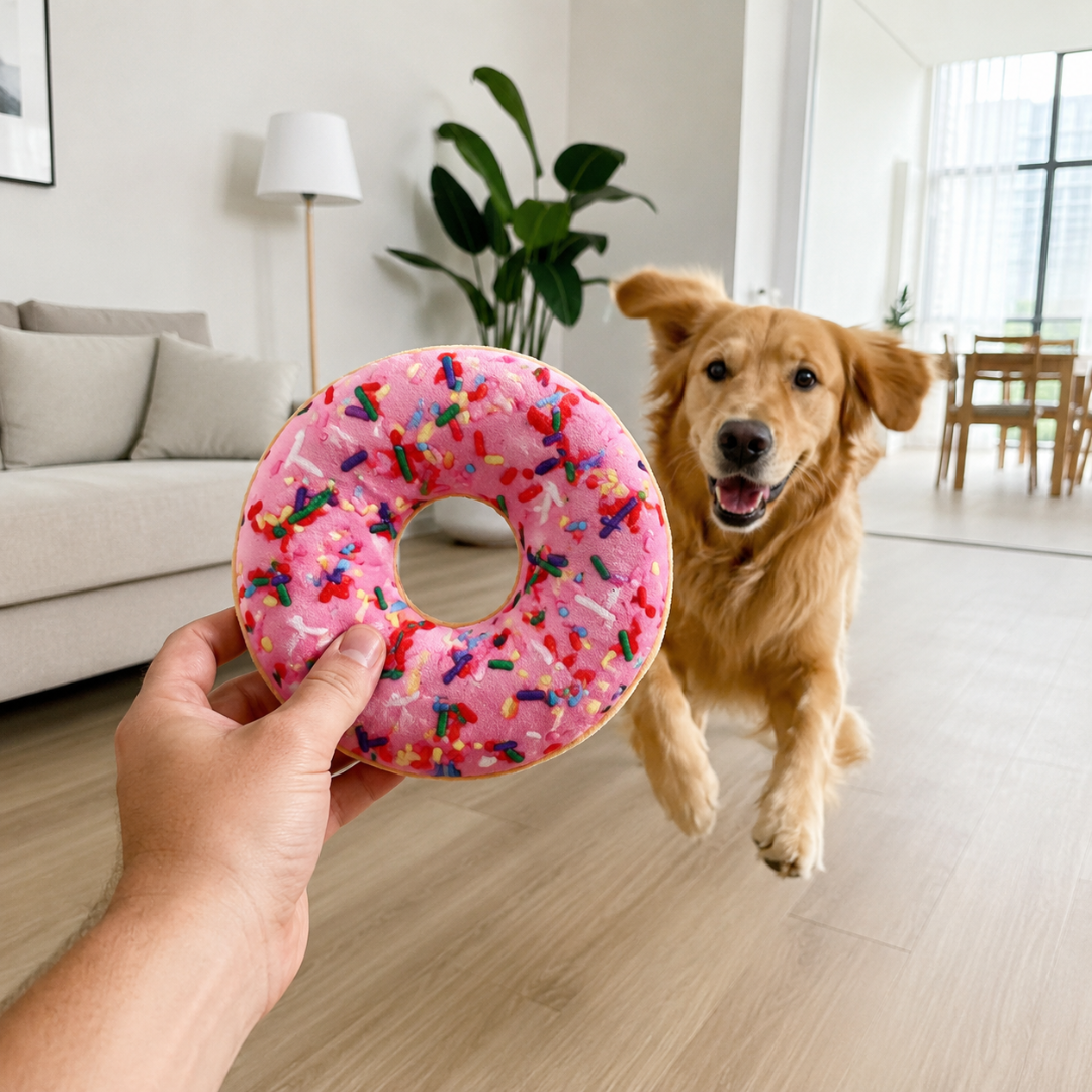 Interactive Plush Donut Dog Chew Toy Squeaky Play Toy for Small to Large Dogs