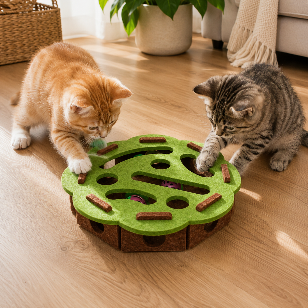 Interactive Felt Cat Puzzle Toy with Maze Holes - Round Green