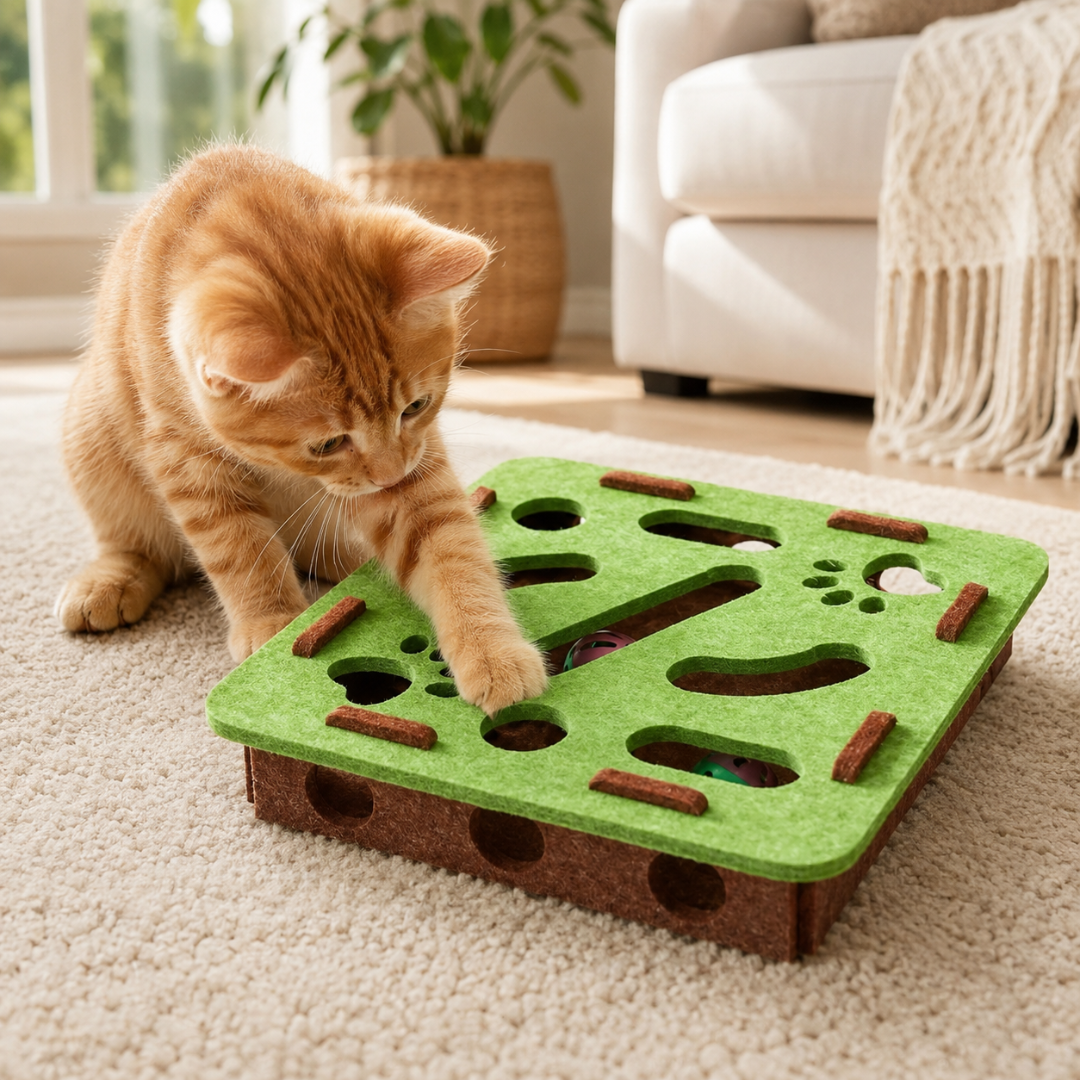 Interactive Felt Cat Puzzle Box Toy with Bell Ball and Maze Play Design - Square Green