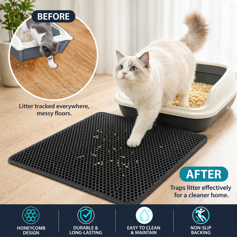 Double Layer Cat Litter Pad Waterproof Non Slip Pet Mat Easy Clean - Black