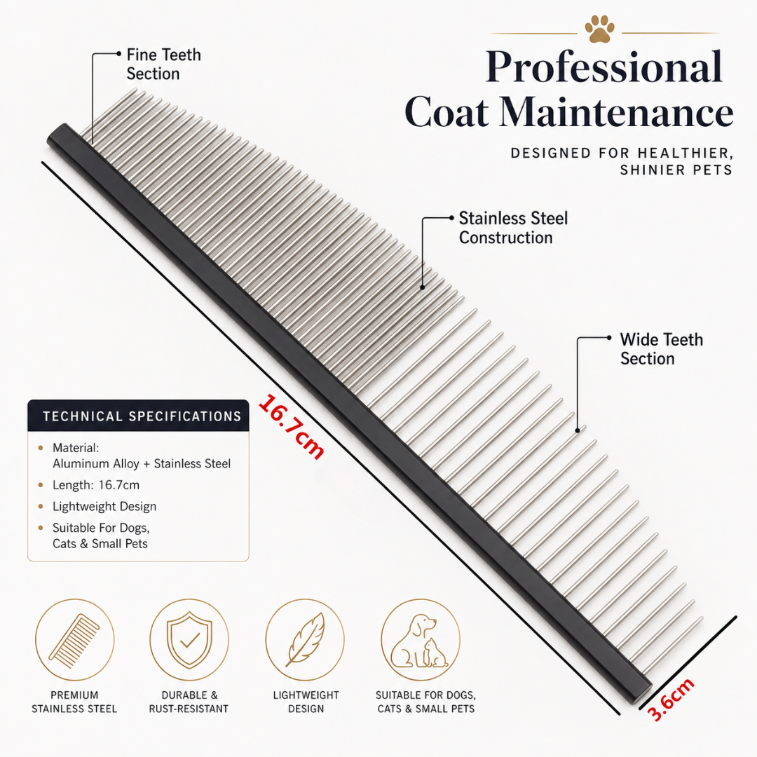 Portable Pet Hair Grooming Comb Stainless Steel Deshedding Tool for Dogs and Cats - Black