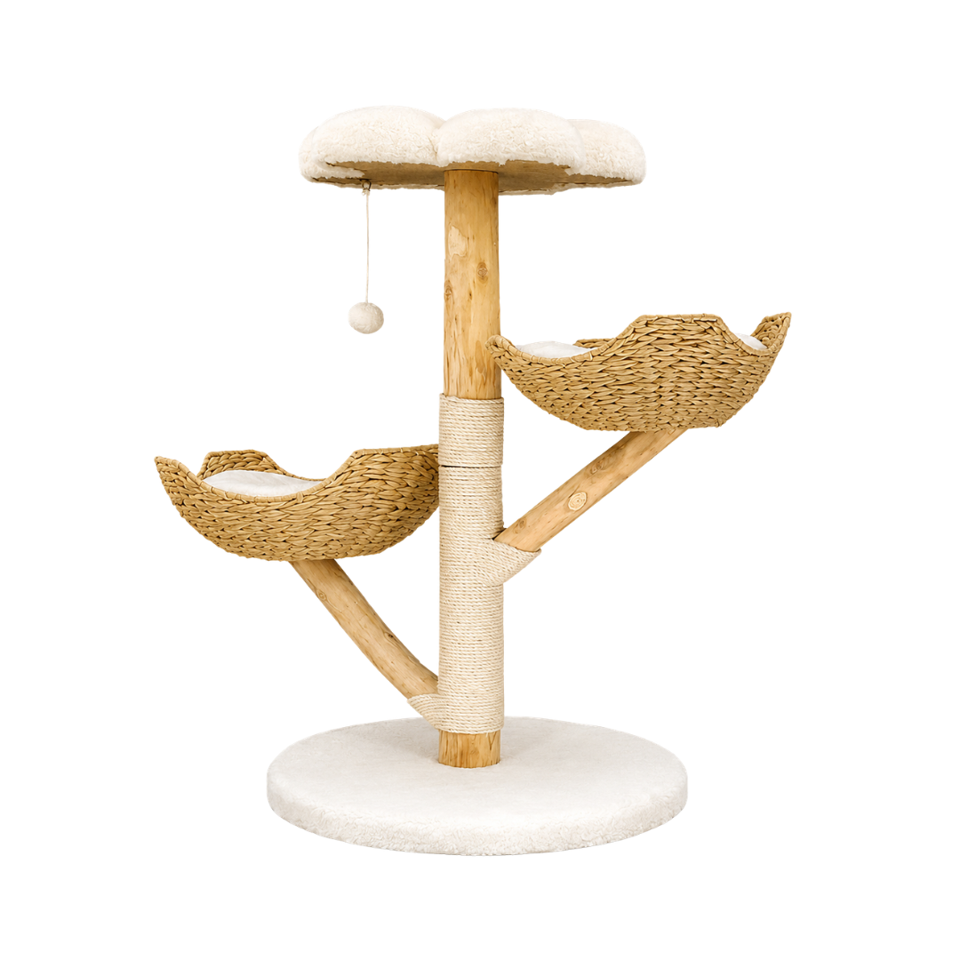 Modern Wooden Cat Tree Activity Center with Scratching Area and Elevated Rest Platforms