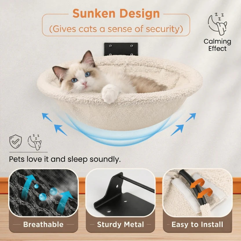 Foldable Cat Wall Perch Hammock Bed Metal Frame Indoor Shelf - White