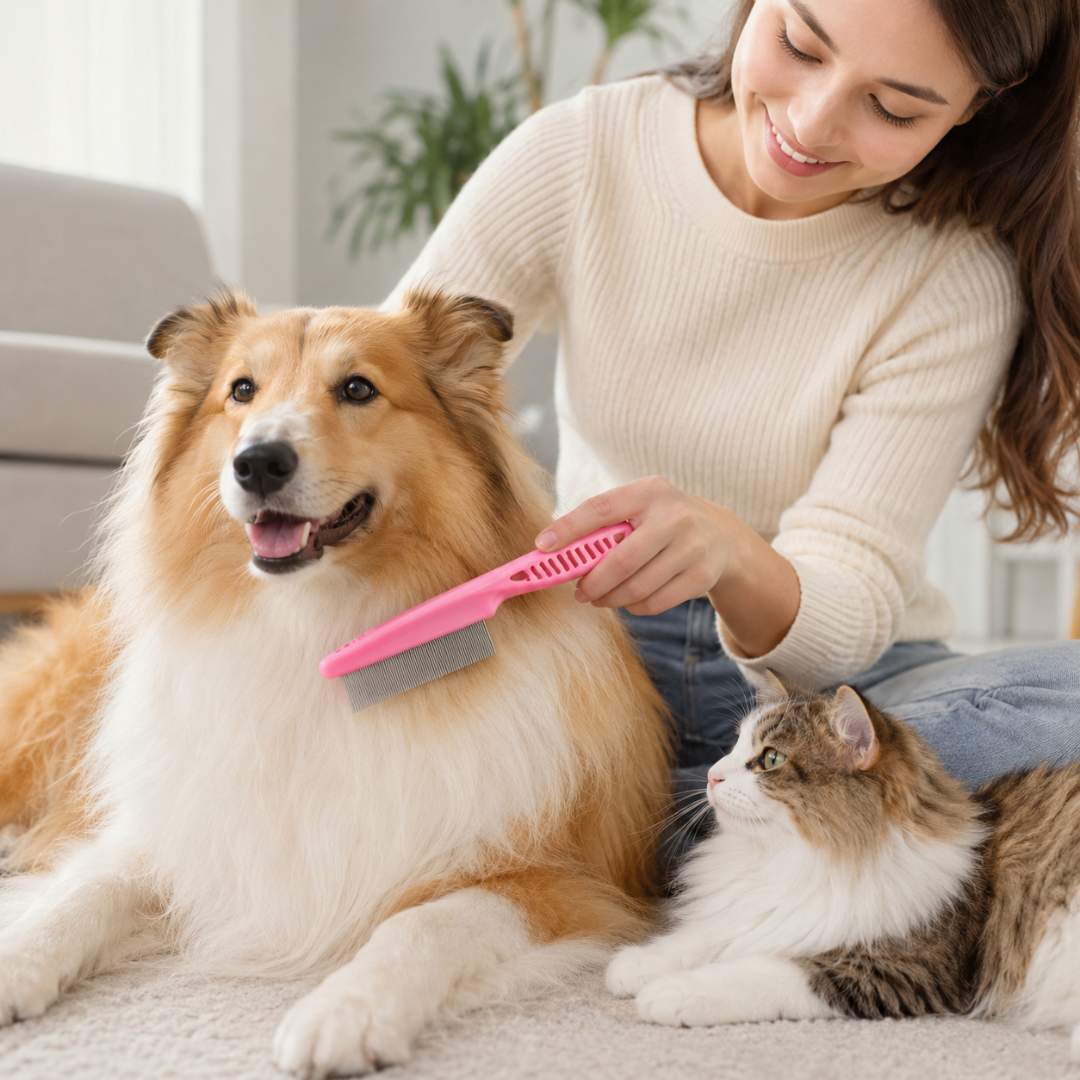 Pet Flea and Grooming Comb Stainless Steel Hair Shedding Brush for Dogs and Cats - Pink
