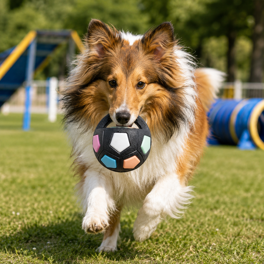 Interactive Soccer Ball Dog Toy with Handle Durable Throw and Fetch Toy - Black
