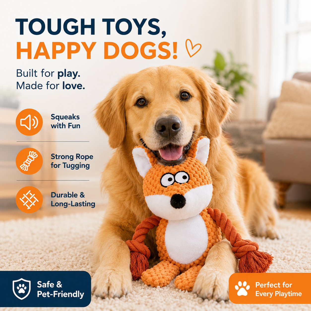 Orange Fox Dog Toy Plush Squeaker Interactive for Small and Medium Dogs