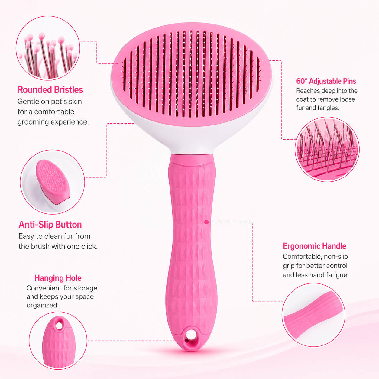 Pet Hair Removal Grooming Brush Self-Cleaning Slicker Comb for Dogs and Cats - Pink