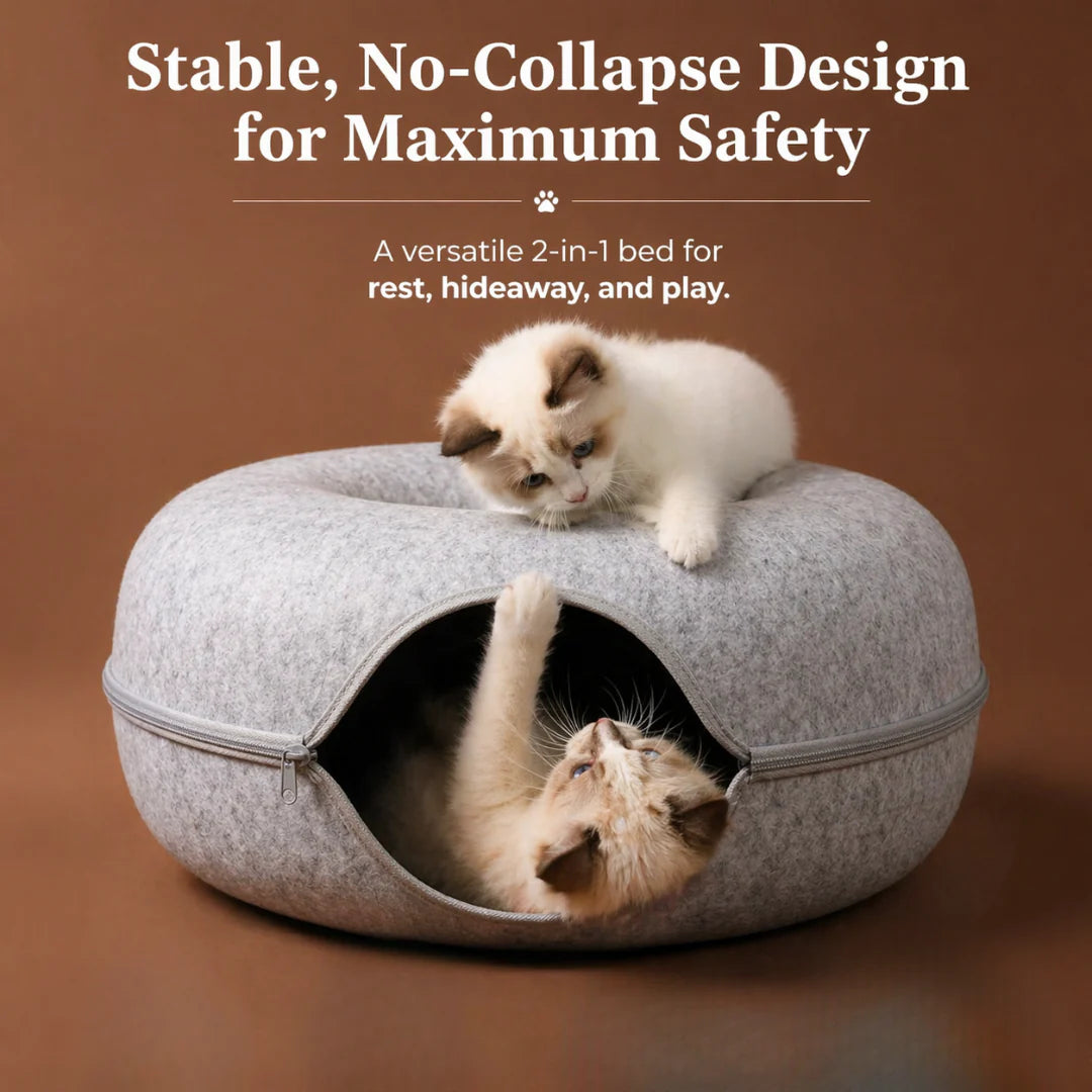 Round Felt Cat Tunnel Bed Donut Nest Cat House with Scratcher Design for Cats - Light Grey