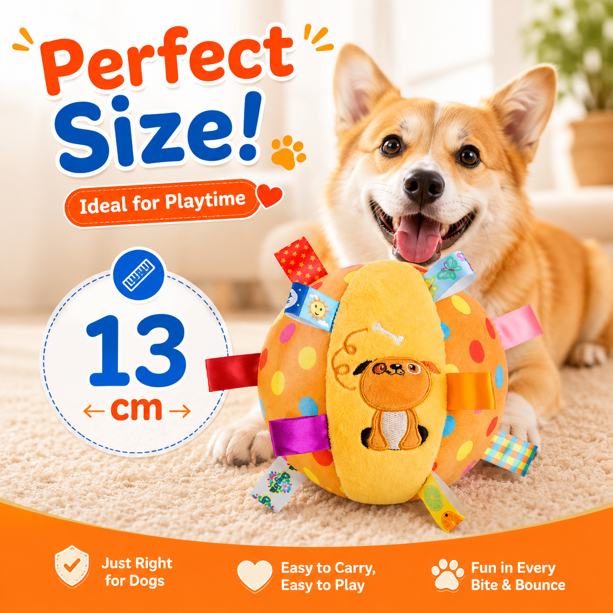 Interactive Plush Dog Ball Toy with Handle and Bell for Indoor and Outdoor Play