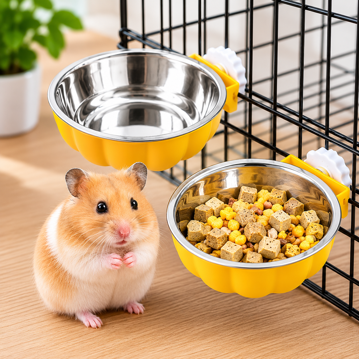 Pet Hanging Food Bowl Pumpkin Shaped Stainless Steel Feeding Dish for Rabbits Hamsters Birds and Cats - Yellow