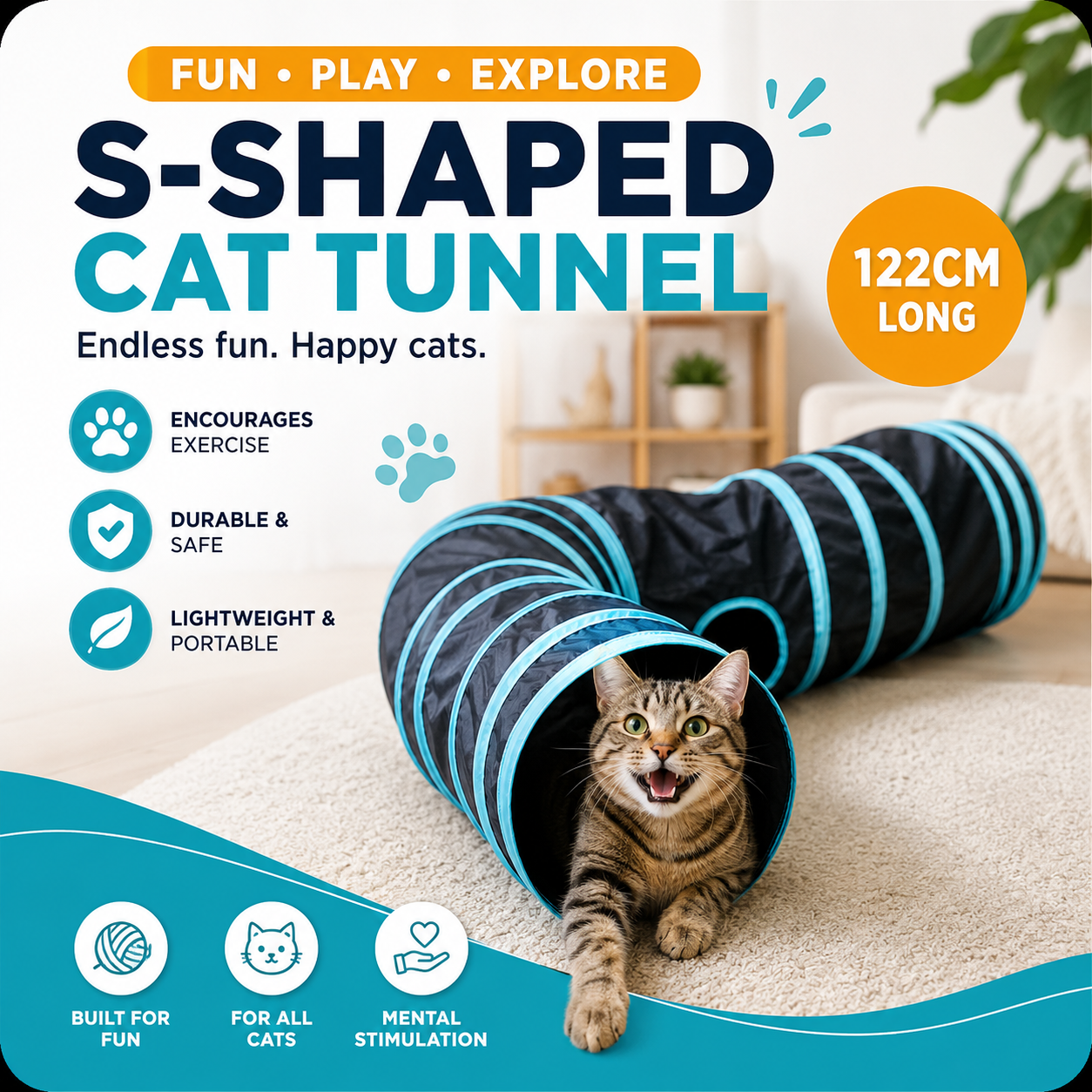 S Shape Cat Tunnel Foldable Interactive Play Tunnel with Peek Hole for Indoor Cats