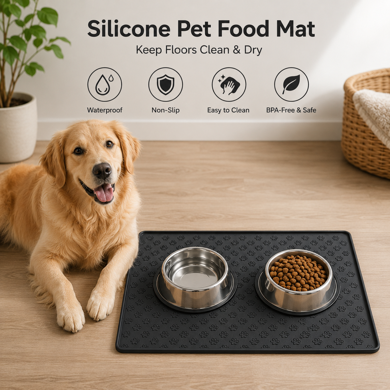 Large Silicone Pet Food Mat Waterproof Feeding Placemat for Cats and Dogs - Black