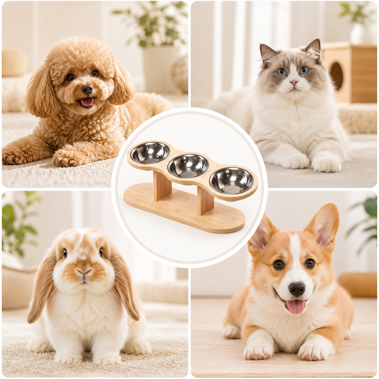 3 Bowl Elevated Cat Feeder Wooden Stand with Stainless Steel Food and Water Bowls