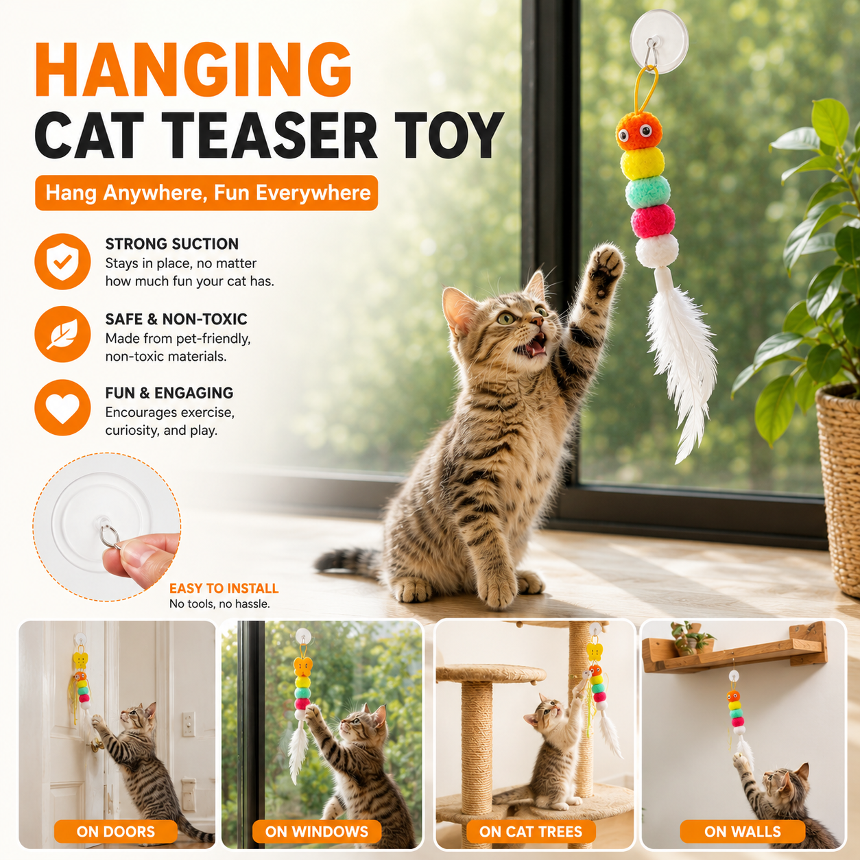 Hanging Cat Toy Caterpillar Feather Teaser with Bell and Suction Cup