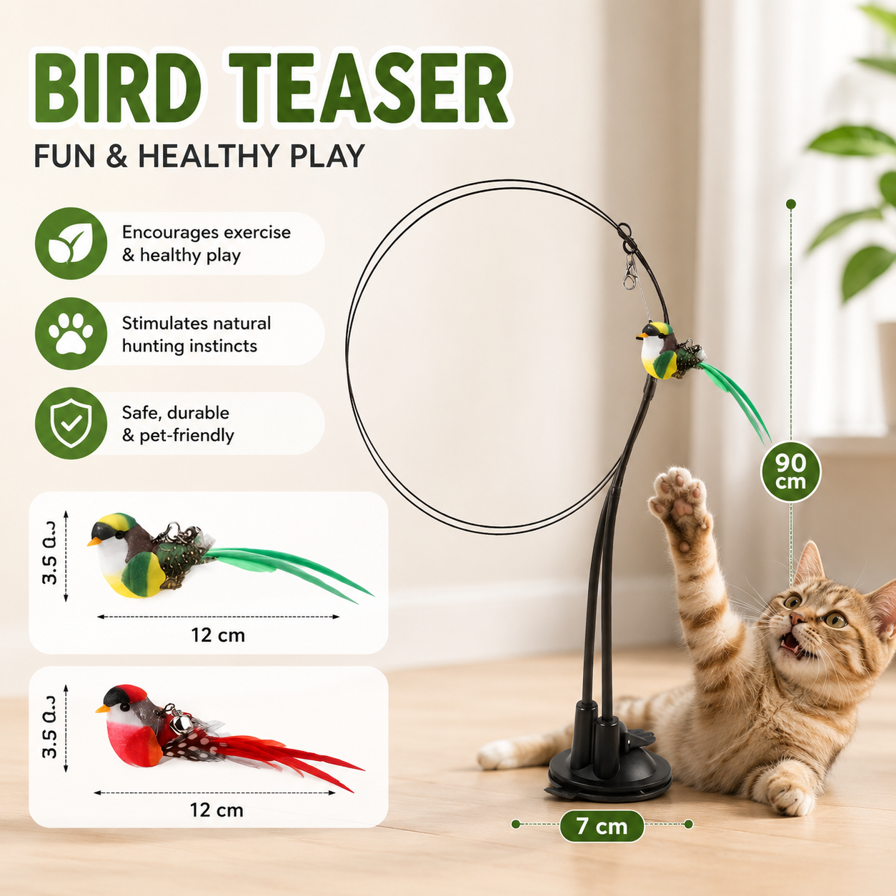 Interactive Bird Cat Wand Toy Set with Bell and Suction Cup Base