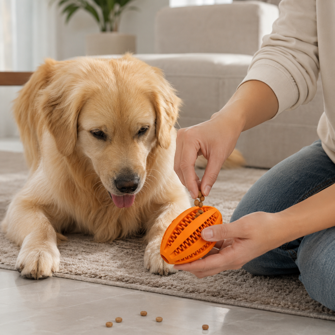 Interactive Natural Rubber Dog Snack Ball with Treat Holder and Bouncy Design - Orange