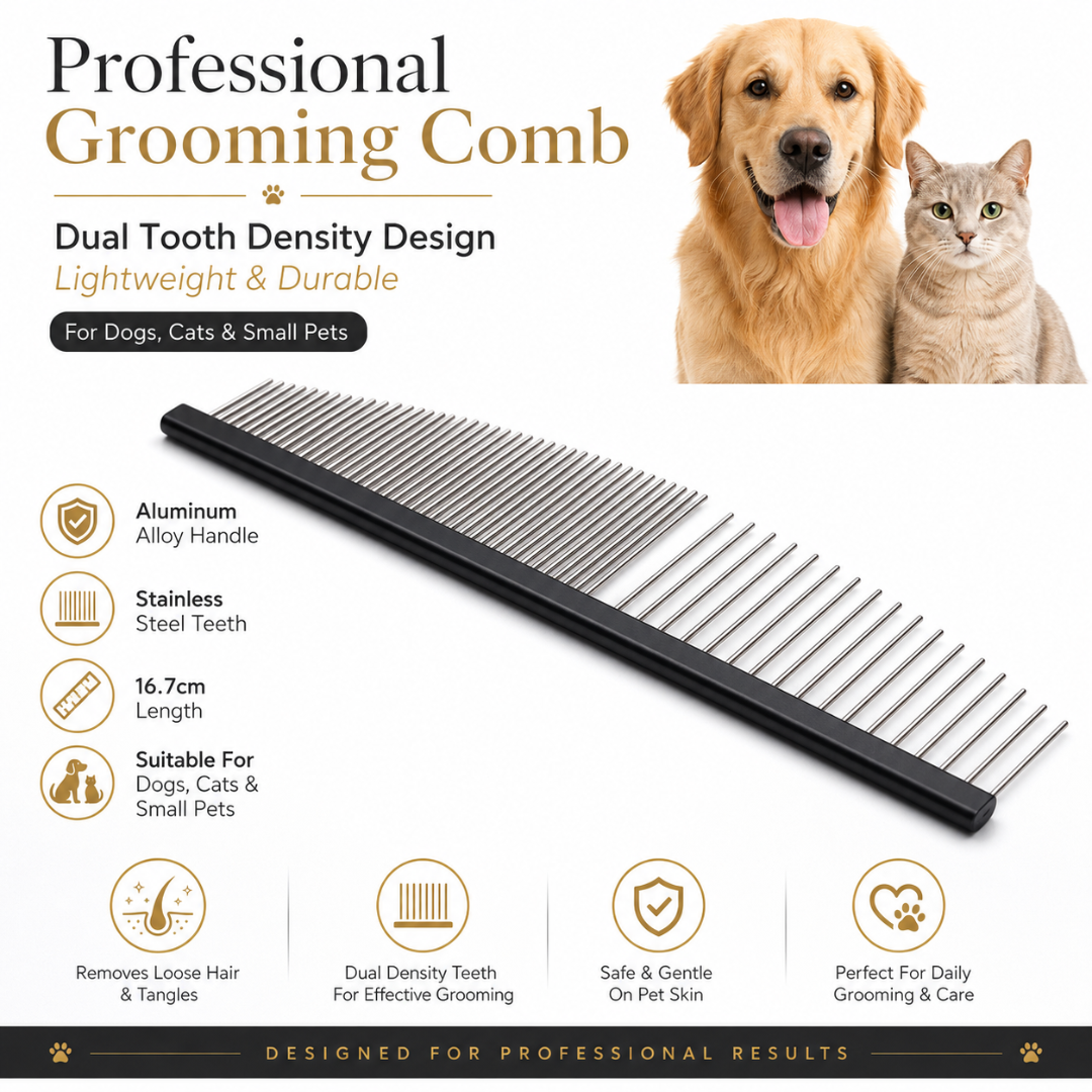 Portable Pet Hair Grooming Comb Stainless Steel Deshedding Tool for Dogs and Cats - Black