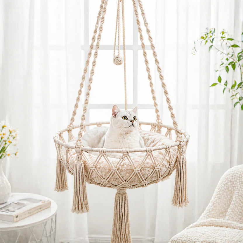 Hand Woven Cat Hanging Hammock Indoor Pet Basket with Cushion