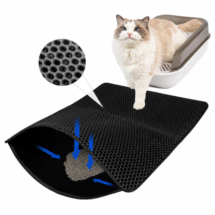 Double Layer Cat Litter Pad Waterproof Non Slip Pet Mat Easy Clean - Black