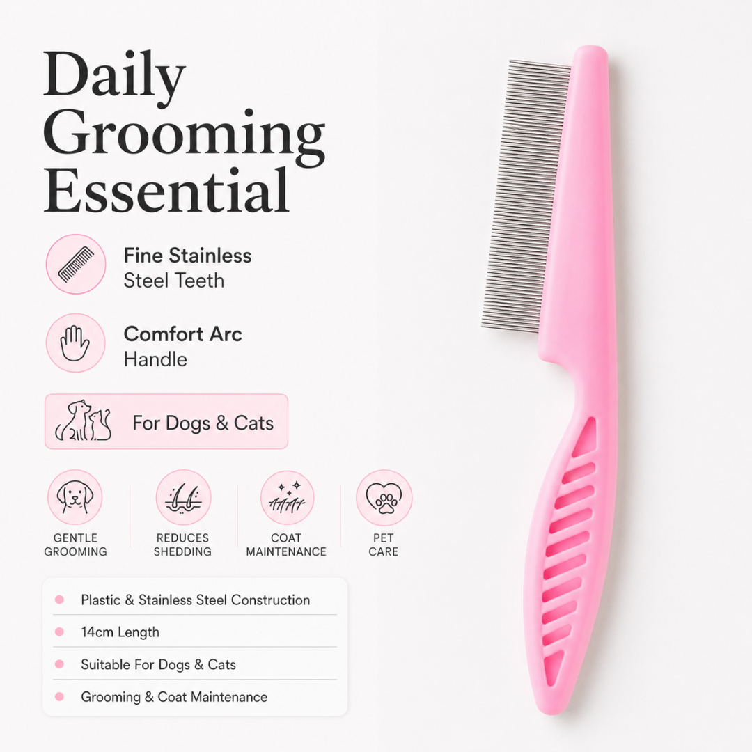 Pet Flea and Grooming Comb Stainless Steel Hair Shedding Brush for Dogs and Cats - Pink