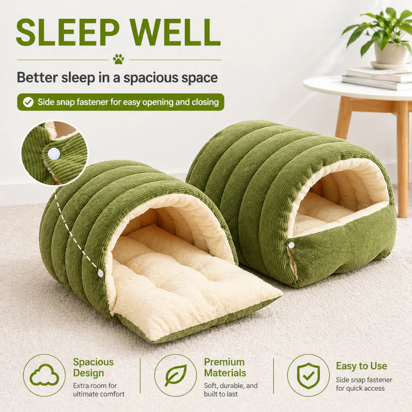 Enclosed Pet Bed Plush Cat Nest Soft Cushion House for Cats and Small Dogs - Green