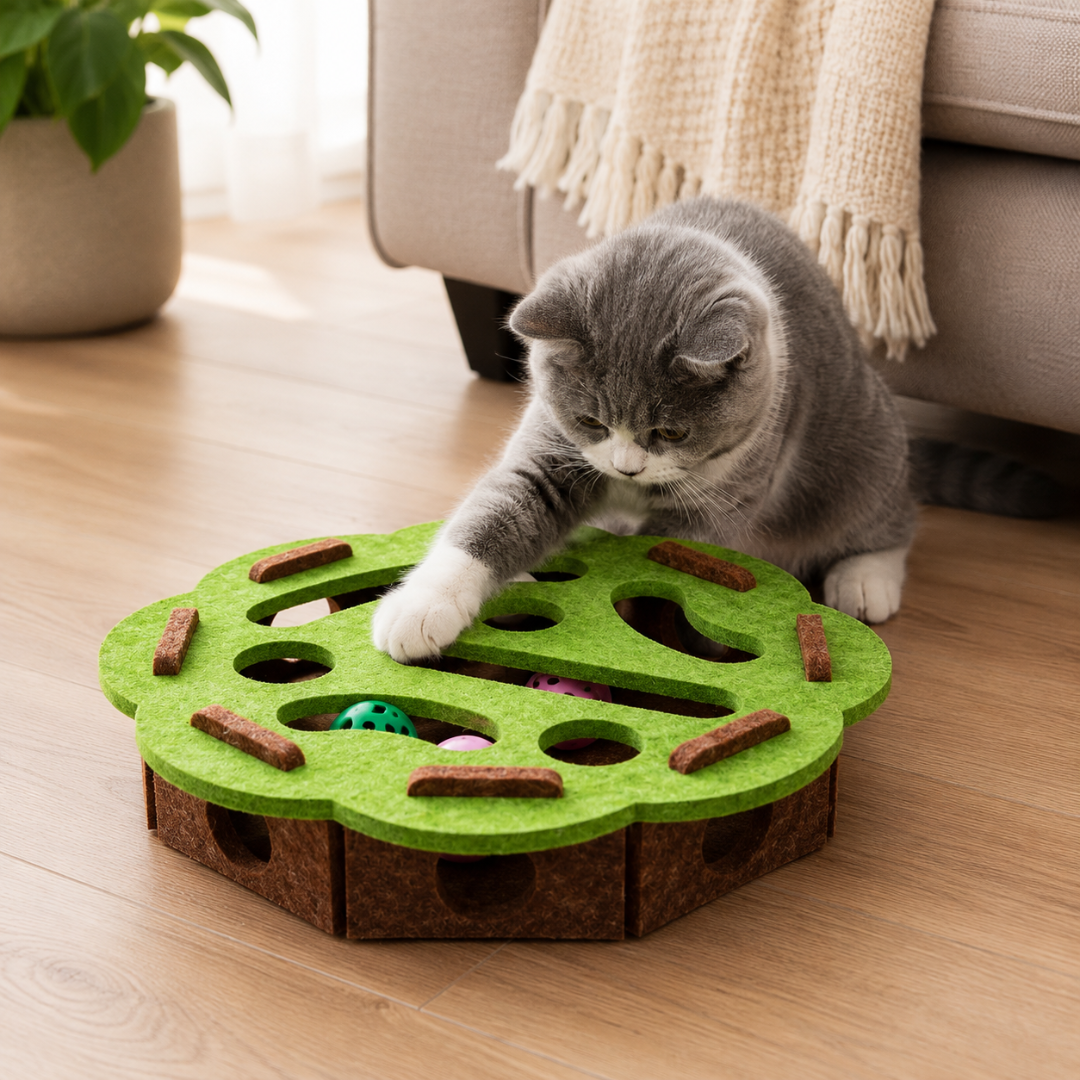 Interactive Felt Cat Puzzle Toy with Maze Holes - Round Green
