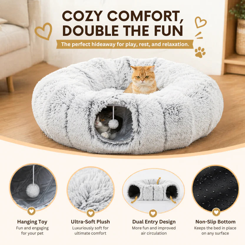 Plush Cat Tunnel Bed 2-in-1 Foldable Round Pet Nest for Indoor Cats - Light Grey