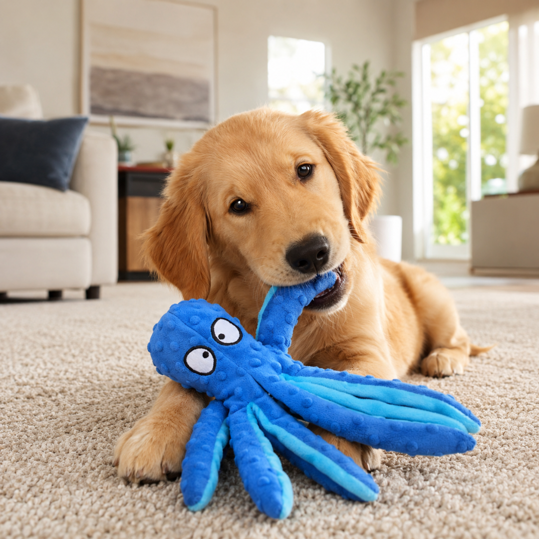 Octopus Squeaky Dog Toy with Crinkle Legs for Puppies and Small Dogs - Blue