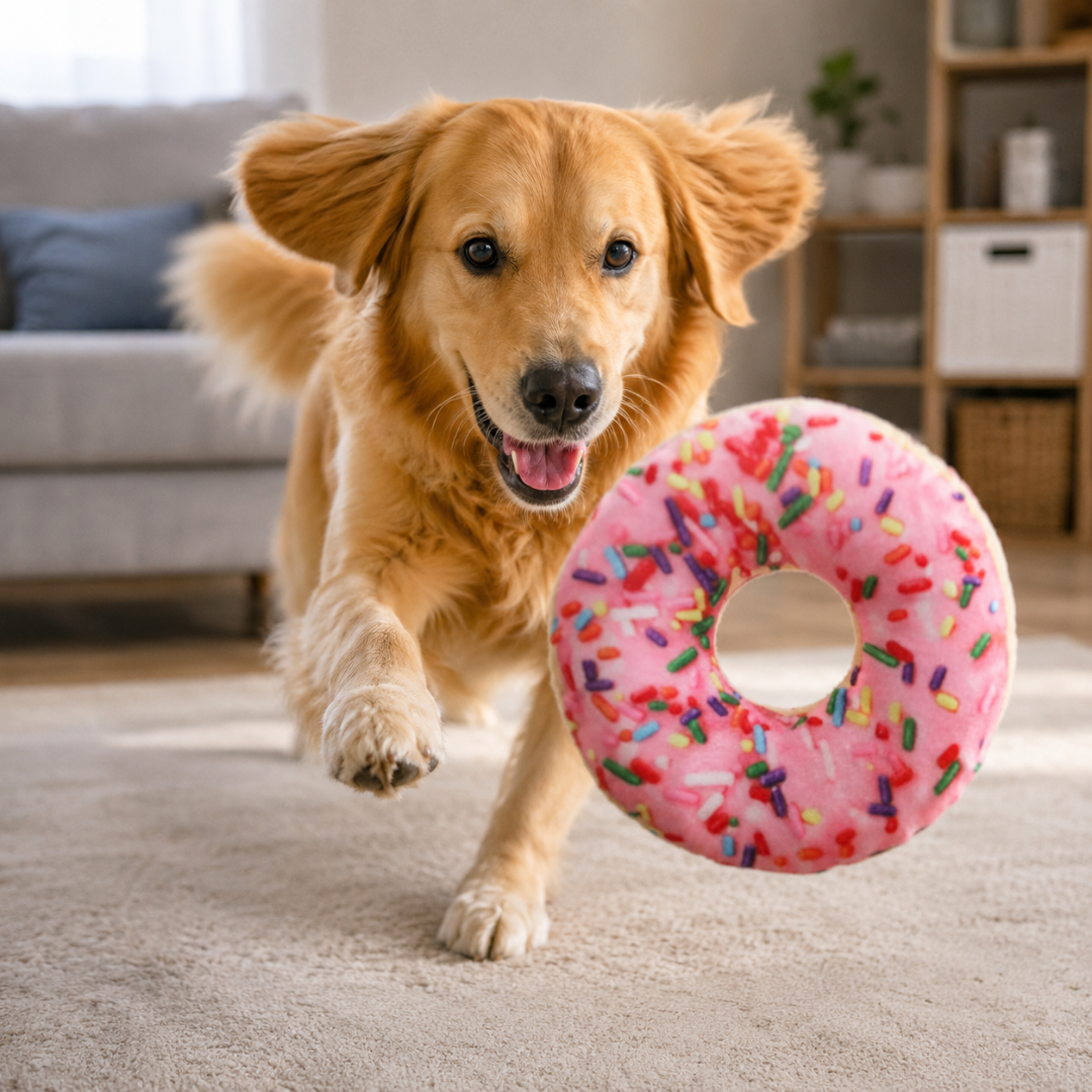 Interactive Plush Donut Dog Chew Toy Squeaky Play Toy for Small to Large Dogs