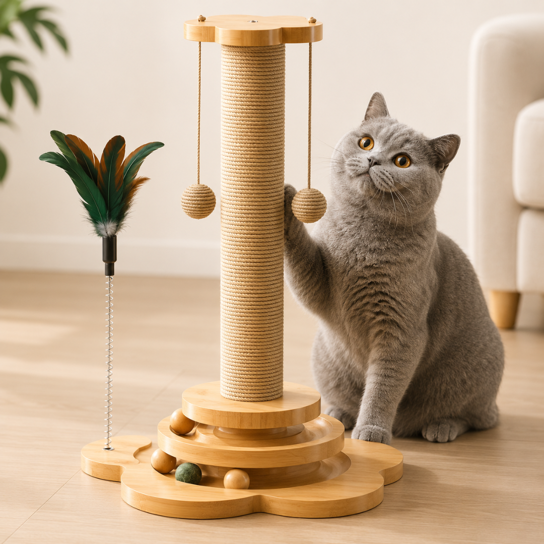 Wooden Cat Scratching Turntable Toy with Interactive Teaser Stick for Indoor Cats
