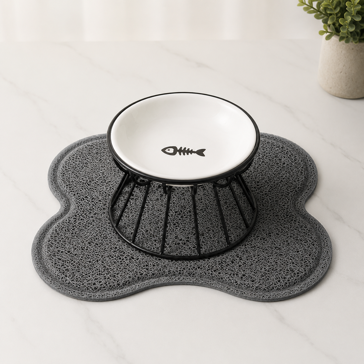 Elevated Ceramic Pet Food Bowl with Iron Stand Non-Slip Feeding Dish - Black & Fish Pattern