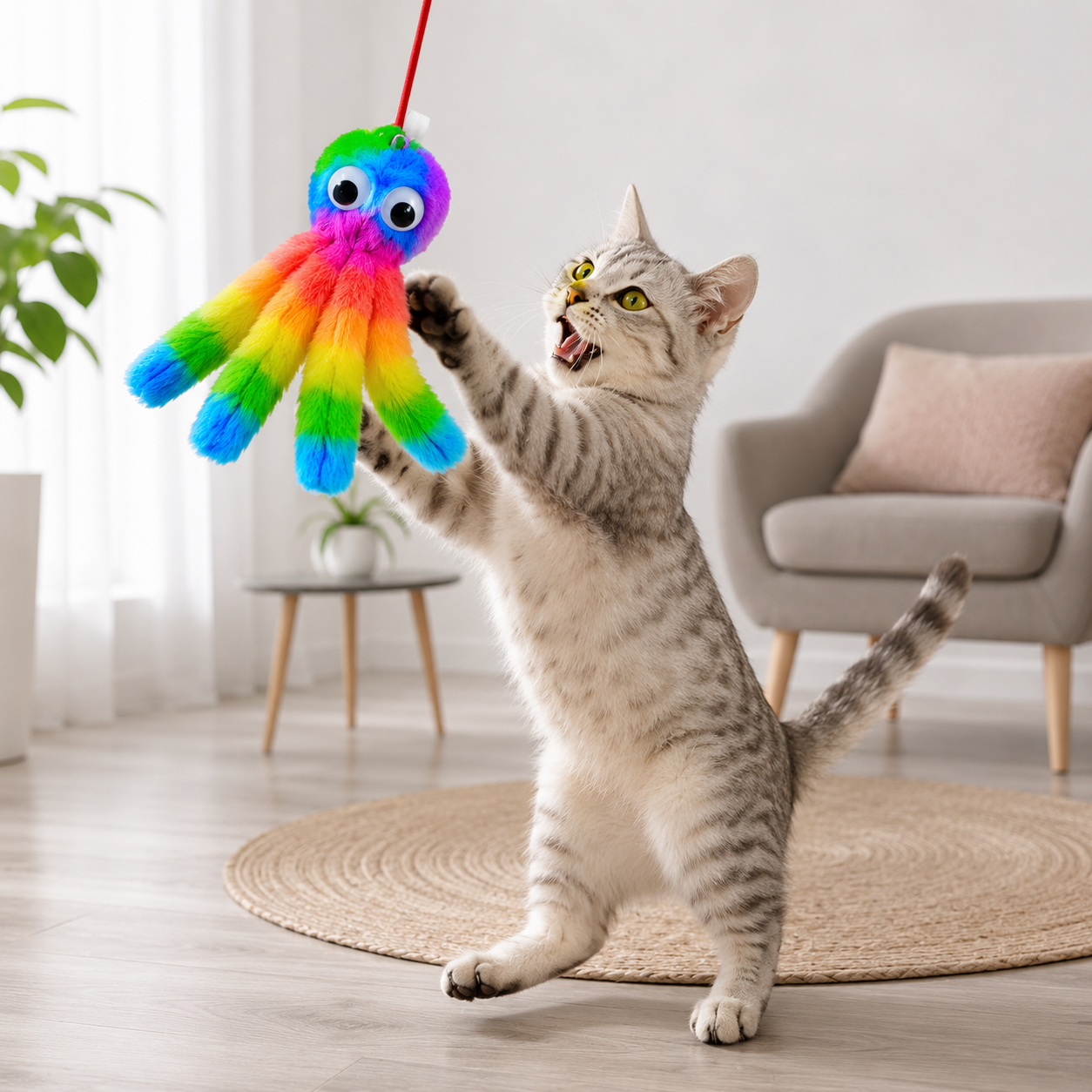 Rainbow Hanging Octopus Plush Interactive Kitten Toy with Elastic Cord