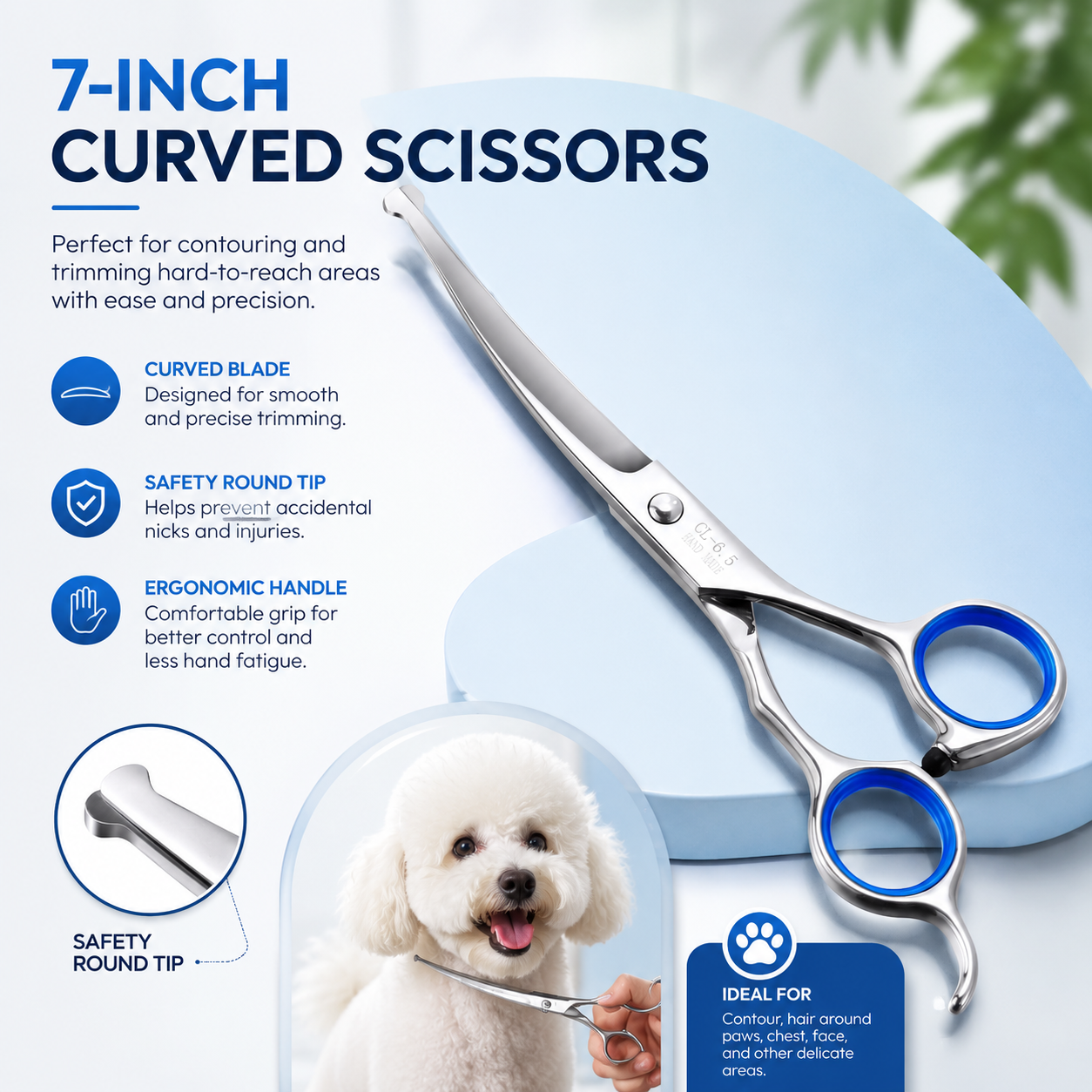 7-Inch Pet Grooming Curved Scissors with Rounded Safety Tips and Stainless Steel Blades - Down Curved Scissors