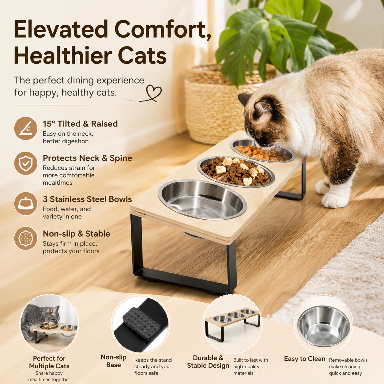 Raised Pet Feeding Stand with 3 Stainless Steel Bowls for Cats Puppies and Small Pets