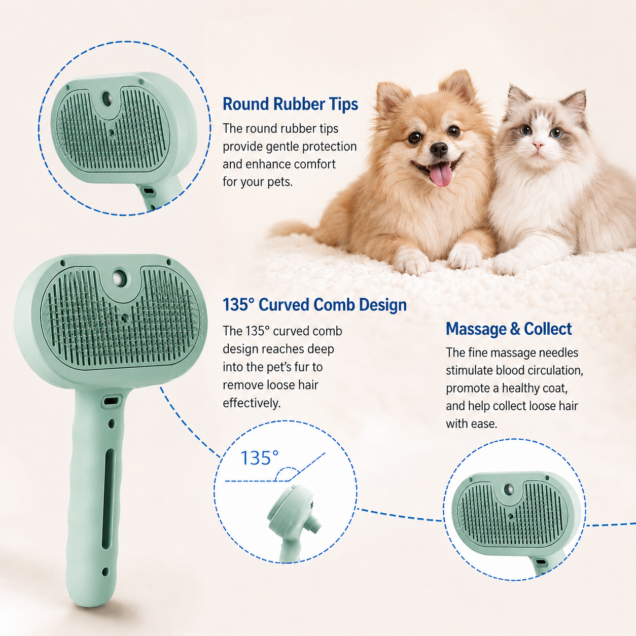 Portable Pet Grooming Brush with Mist Spray Function for Dogs and Cats - Mint Green