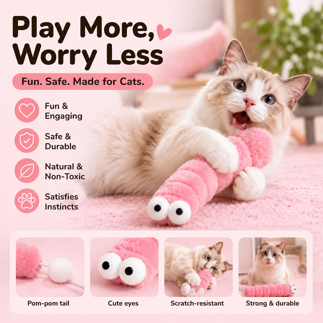 Plush Pink Worm Lightweight Interactive Play Toy for Indoor Cats