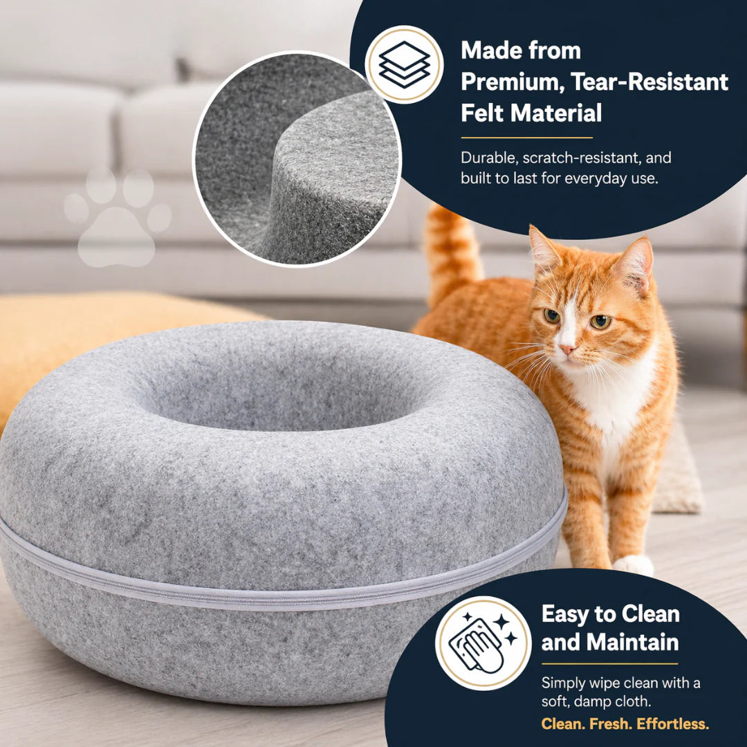 Round Felt Cat Tunnel Bed Donut Nest Cat House with Scratcher Design for Cats - Light Grey