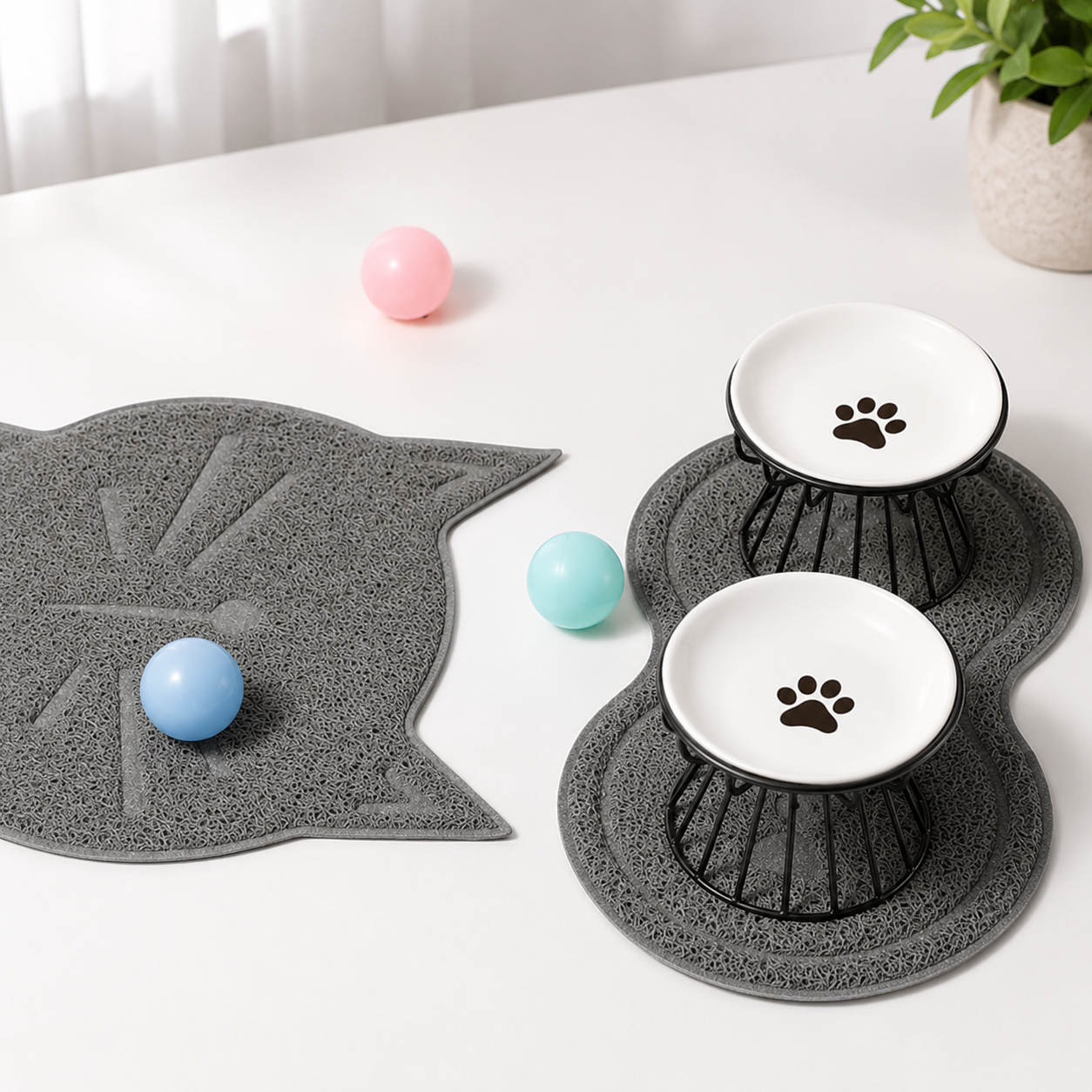 Elevated Ceramic Pet Food and Water Bowl with Iron Stand - Black & Paw Pattern