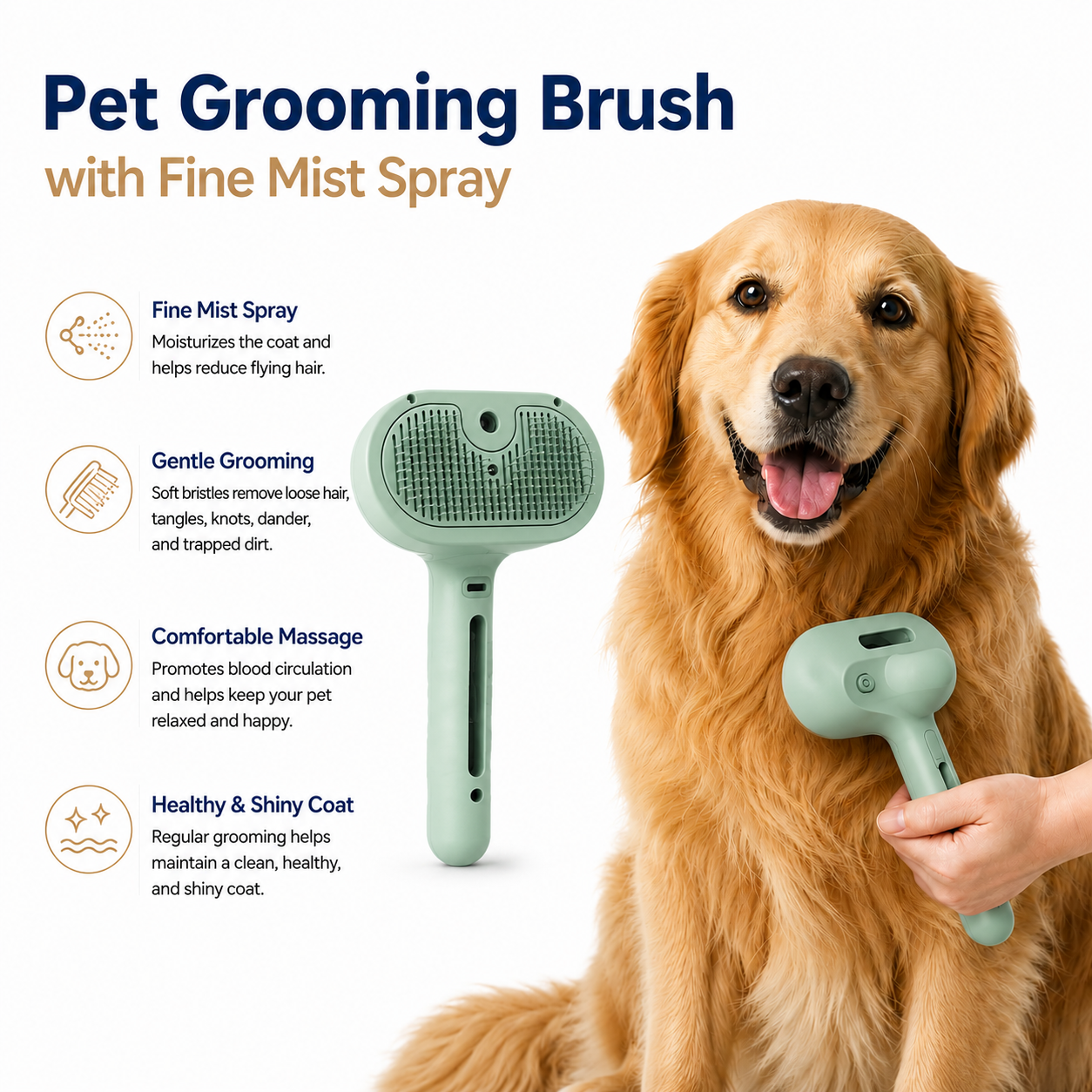 Portable Pet Grooming Brush with Mist Spray Function for Dogs and Cats - Mint Green