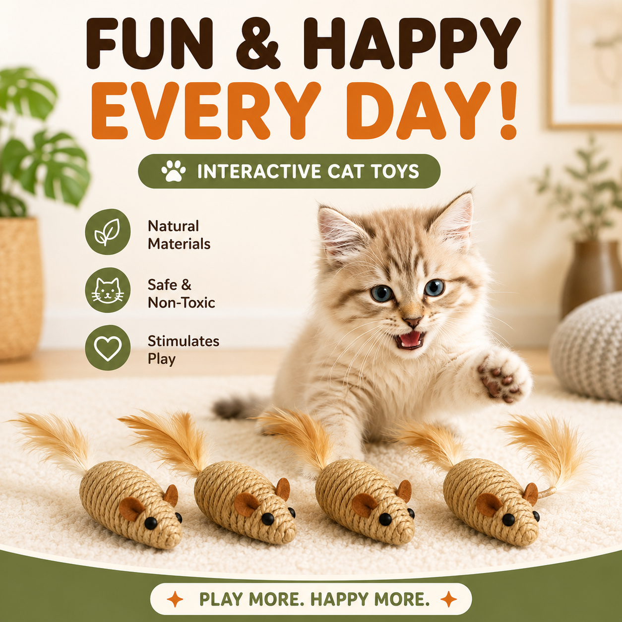 4 Piece Cat Mouse Toy Set Sisal and Plush Interactive Play Toy for Cats