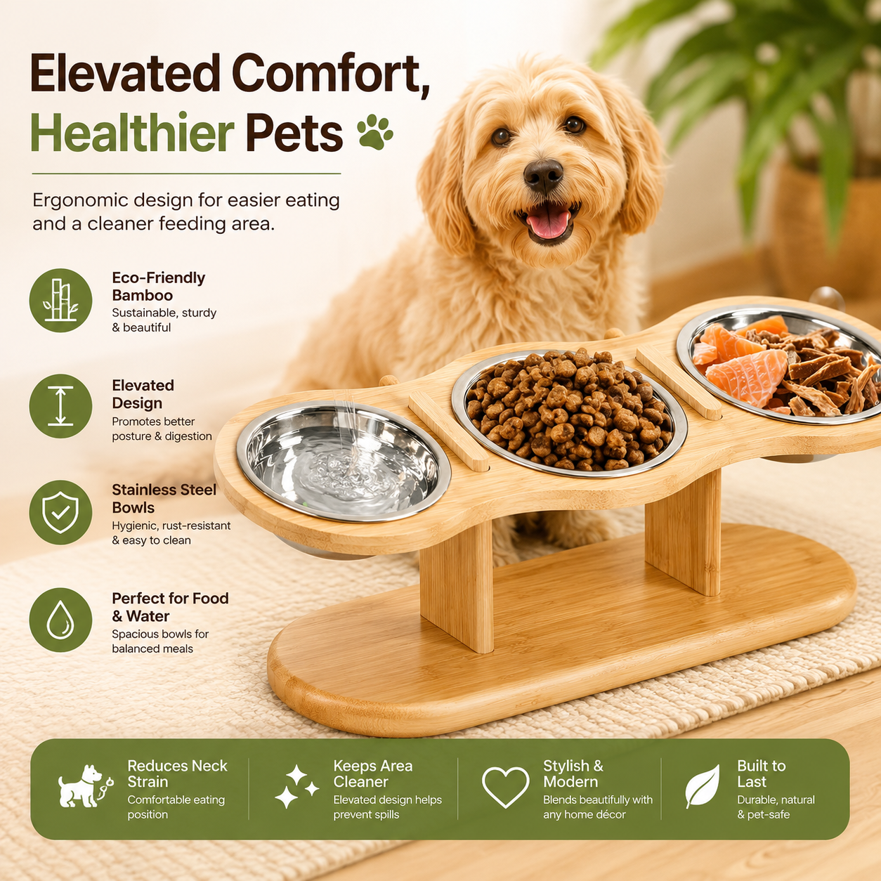 3 Bowl Elevated Cat Feeder Wooden Stand with Stainless Steel Food and Water Bowls