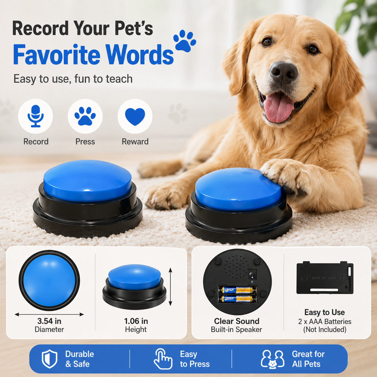 Voice Recording Button for Pet Training 30 Second Record and Playback Buzzer - 4 PCS