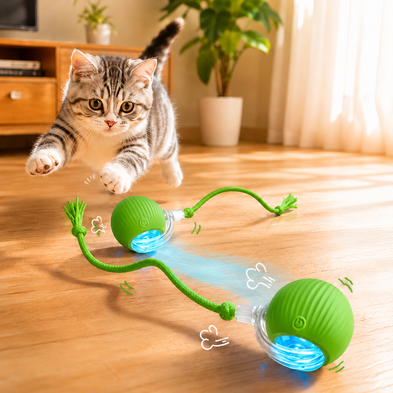 Interactive Automatic Ball with Teaser Stick Cat Toy - Green